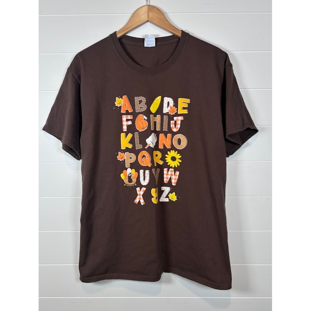 Fall Autumn Alphabet ABC T Shirt Port & Company Essential Tee Brown Large